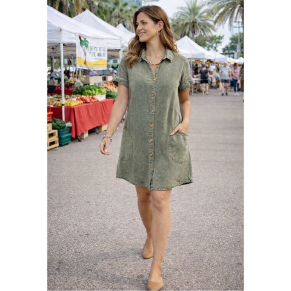 Lucky Brand Dresses & Skirts - Lucky Brand L Green Linen Short Sleeve Button Front Shirt Dress Boho Coastal